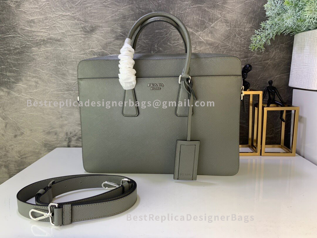 Prada Saffiano Cuir Leather Khaki Briefcase SHW 366